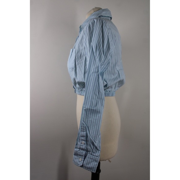 Maje Size M? Blue Striped Poplin Cropped Button Down Shirt Top Elastic Hem - Picture 5 of 10